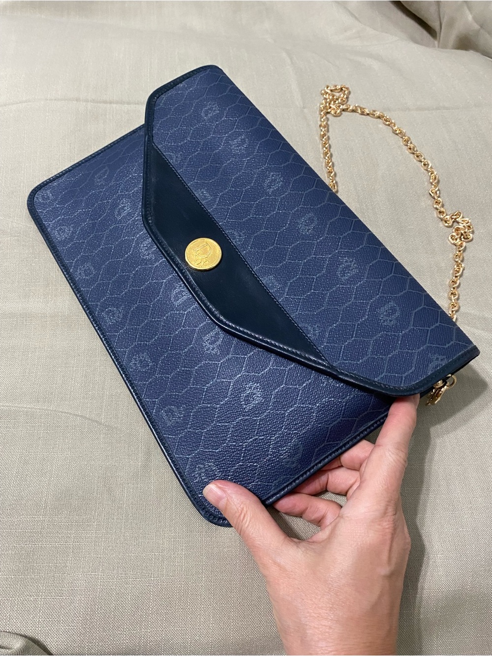 Vintage DIOR Oversized Clutch Bag Wallet Navy Honeycomb Chain Added - Picture 6 of 16